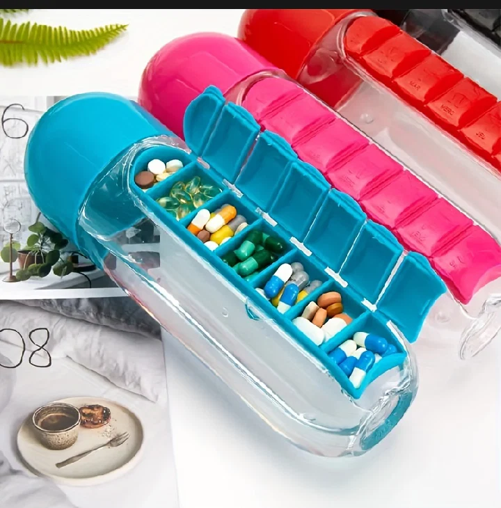 Portable Water Bottle Pill Box in Medicine Vitamin Gym Fitness Traveling